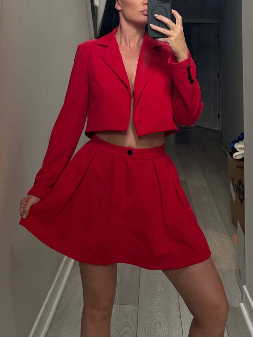 Women's Red Two-Piece Skirt Set - Cropped Blazer and Mini Skirt